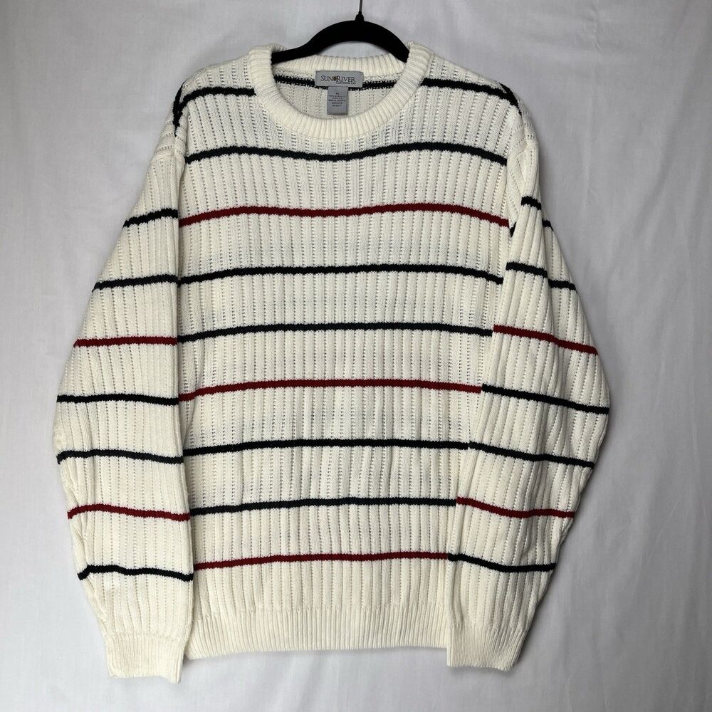 Sun River Clothing Co Pull Over Knit Sweater Women’s XL Red Black Ivory Stripes - Picture 11 of 12
